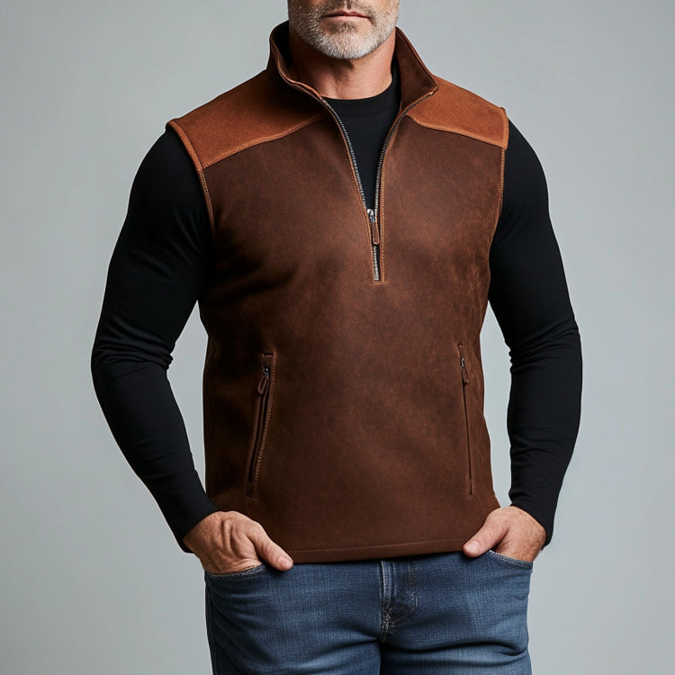 Carter - Men's Suede Stand Collar Half Zipper Pocket Vest