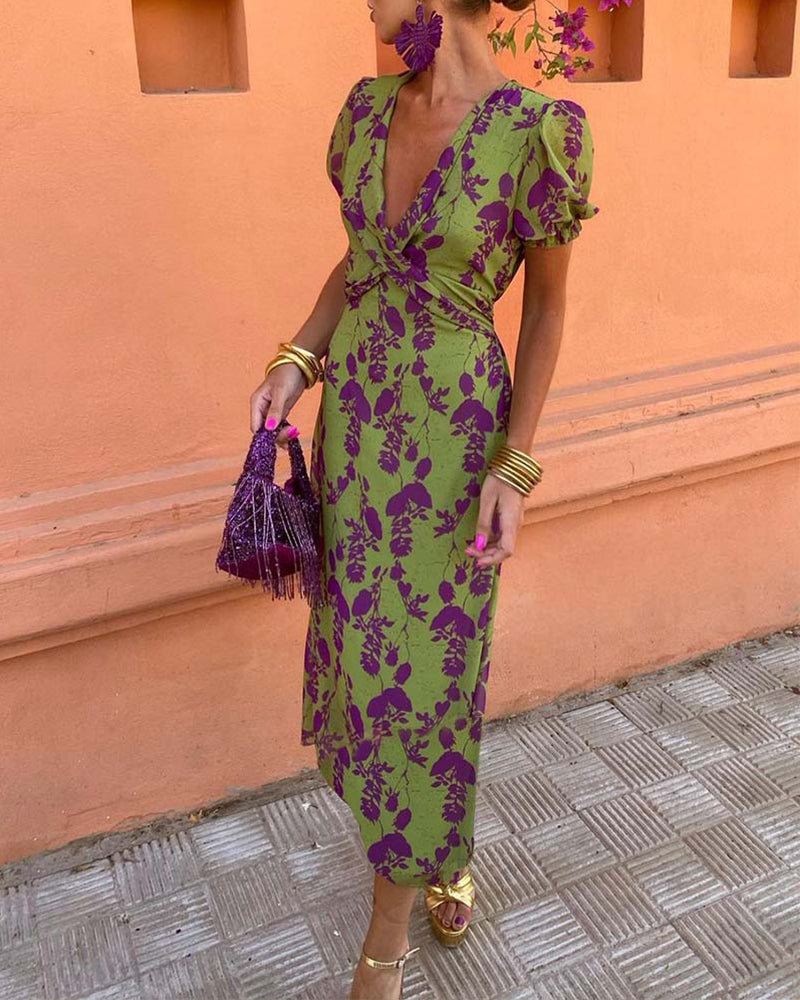 Deva - Long floral print dress with V-neck
