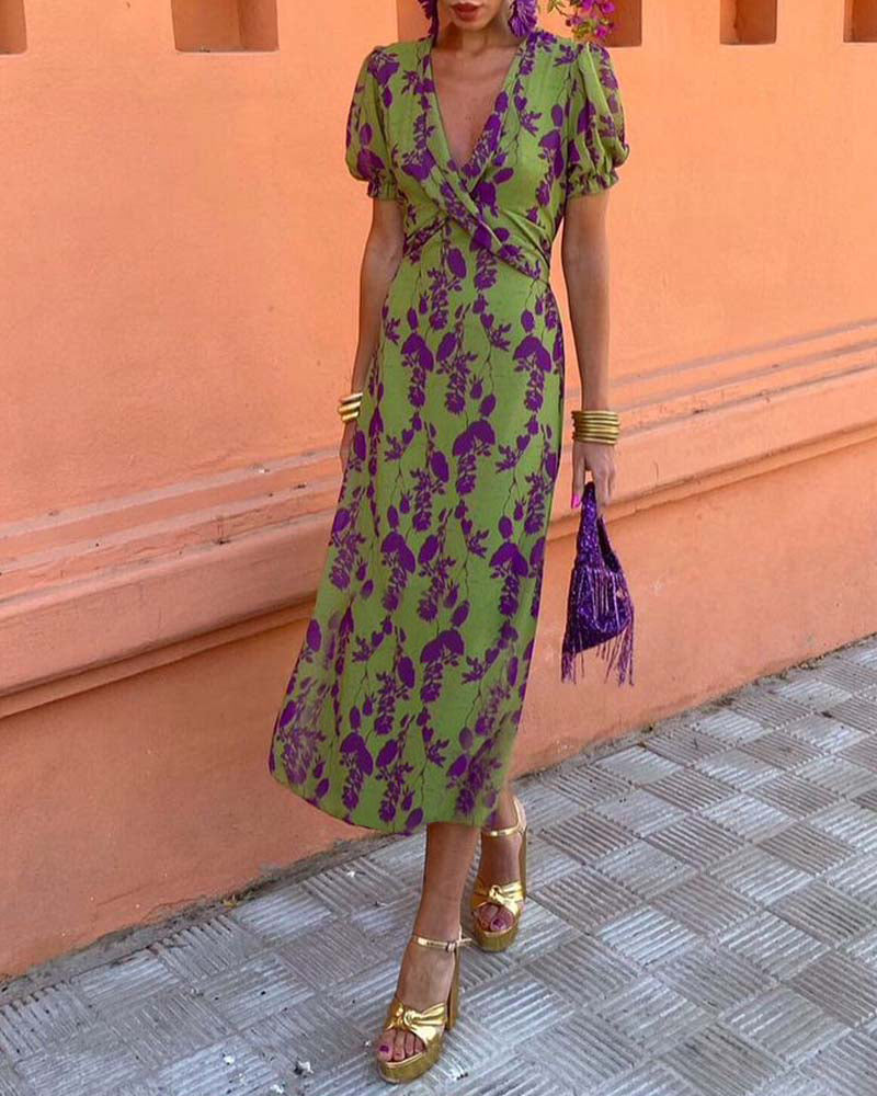 Deva - Long floral print dress with V-neck