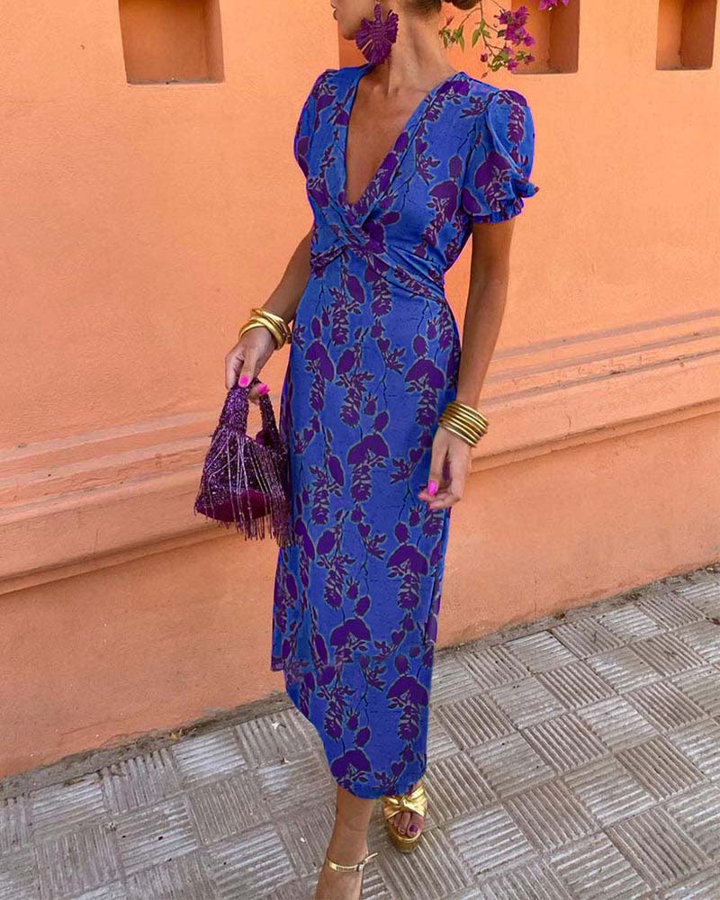 Deva - Long floral print dress with V-neck