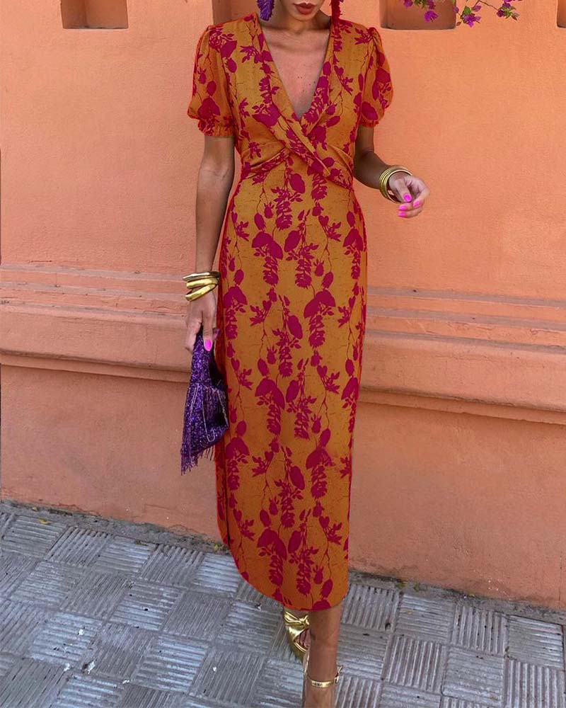 Deva - Long floral print dress with V-neck