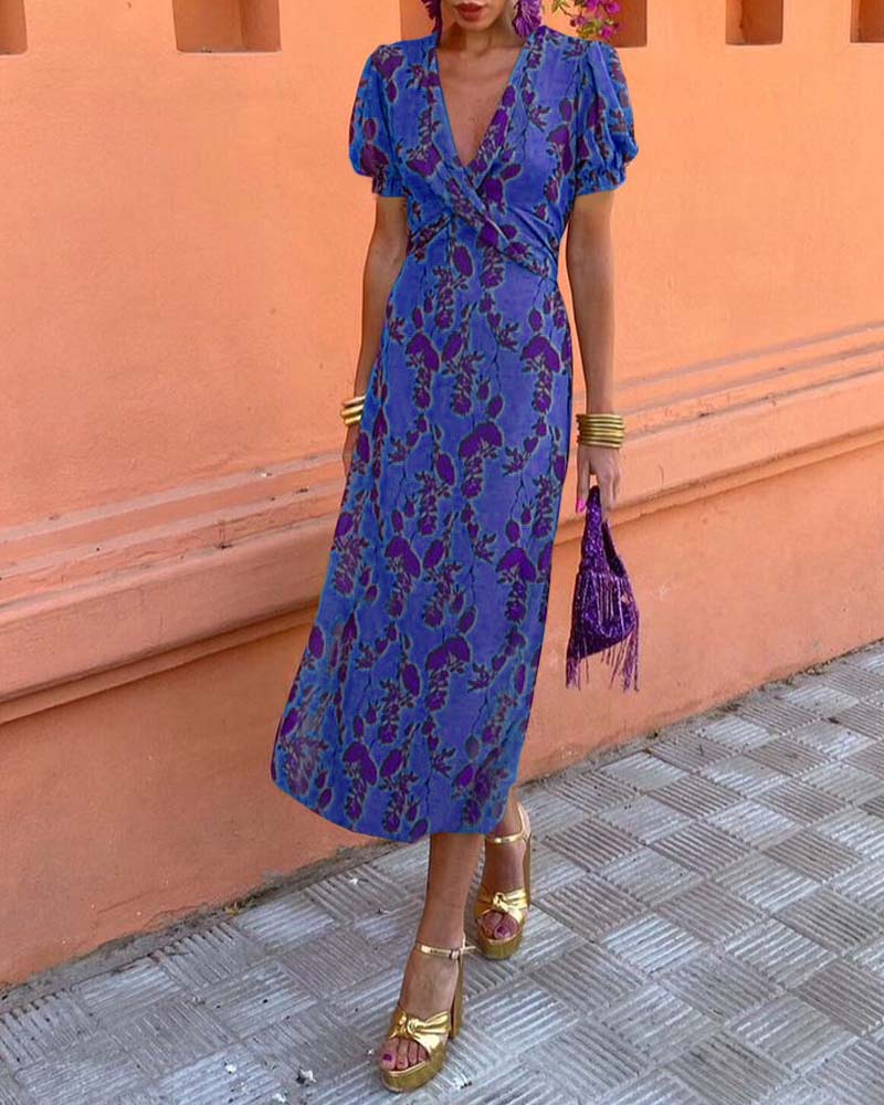 Deva - Long floral print dress with V-neck