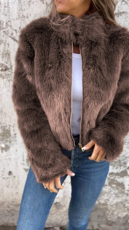 Caiyin - High Neck Faux Leather Jacket