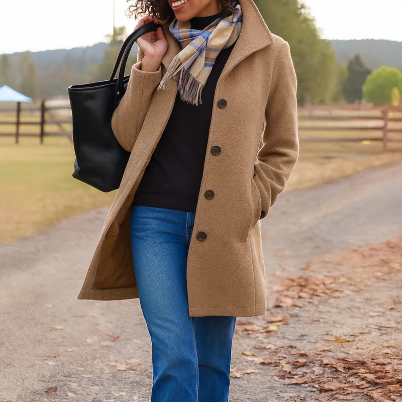 Elena – Chic Long Coat with Classic Button Design