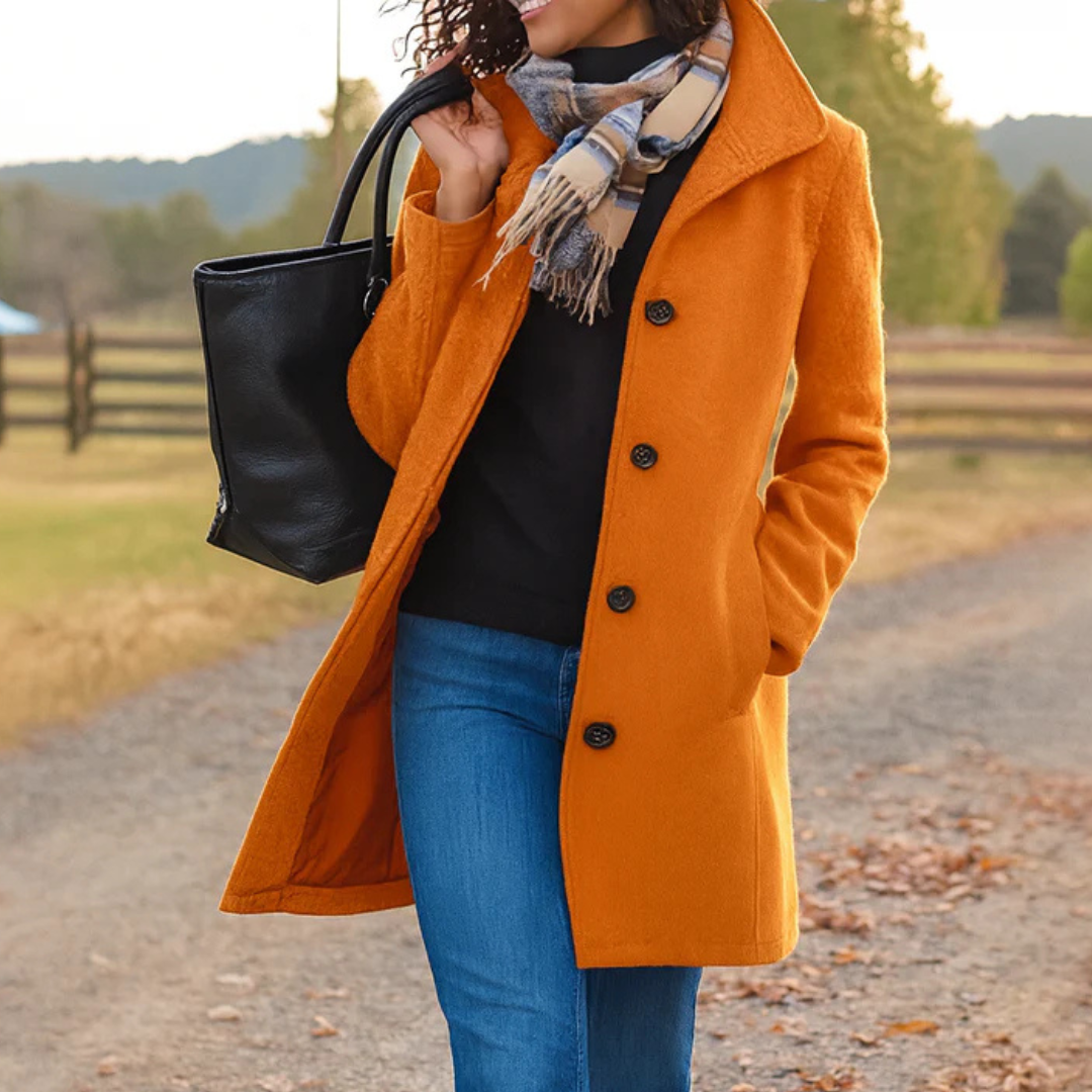 Elena – Chic Long Coat with Classic Button Design