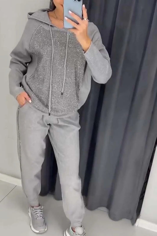 Nadia™ - Casual Tracksuit with Hoodie and Diamond Embellishments
