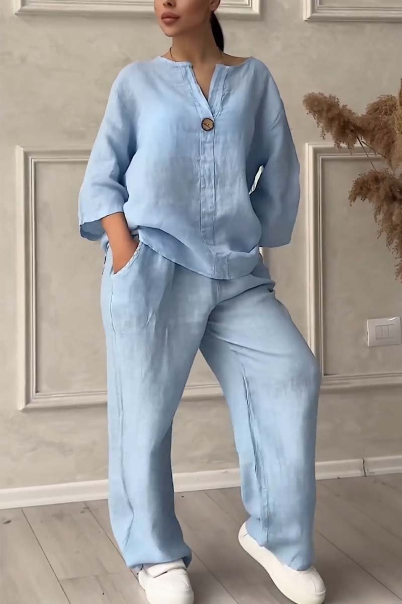 Aina - Casual button decorated cotton and linen two-piece set