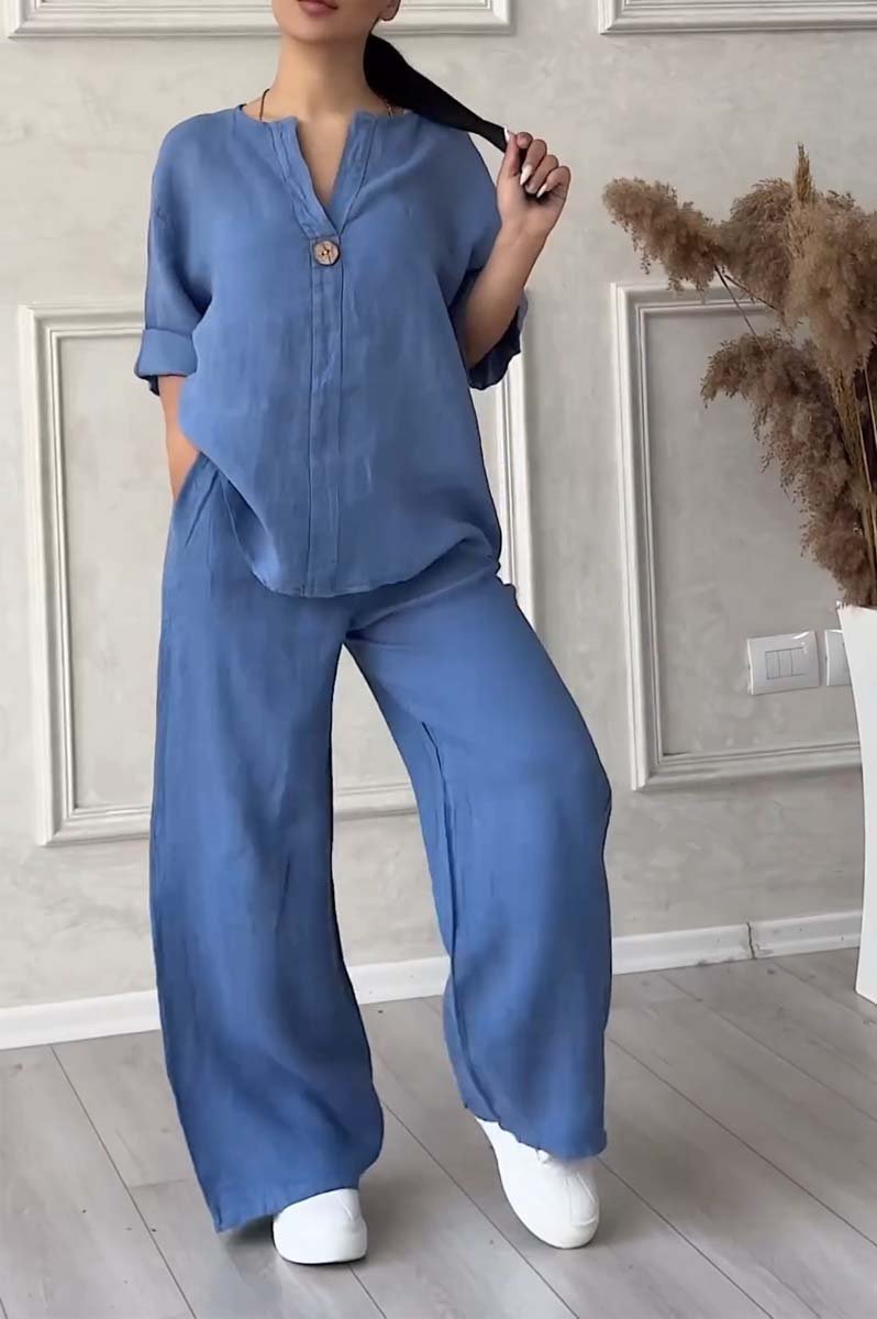 Aina - Casual button decorated cotton and linen two-piece set