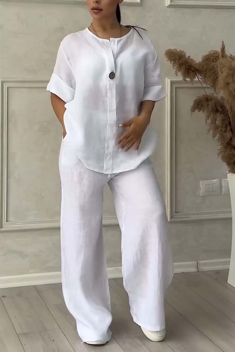Aina - Casual button decorated cotton and linen two-piece set