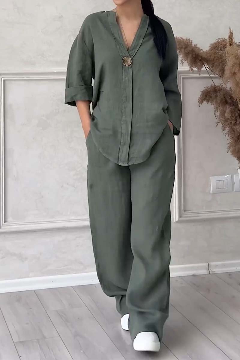 Aina - Casual button decorated cotton and linen two-piece set