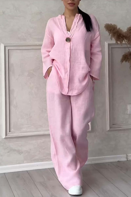 Aina - Casual button decorated cotton and linen two-piece set